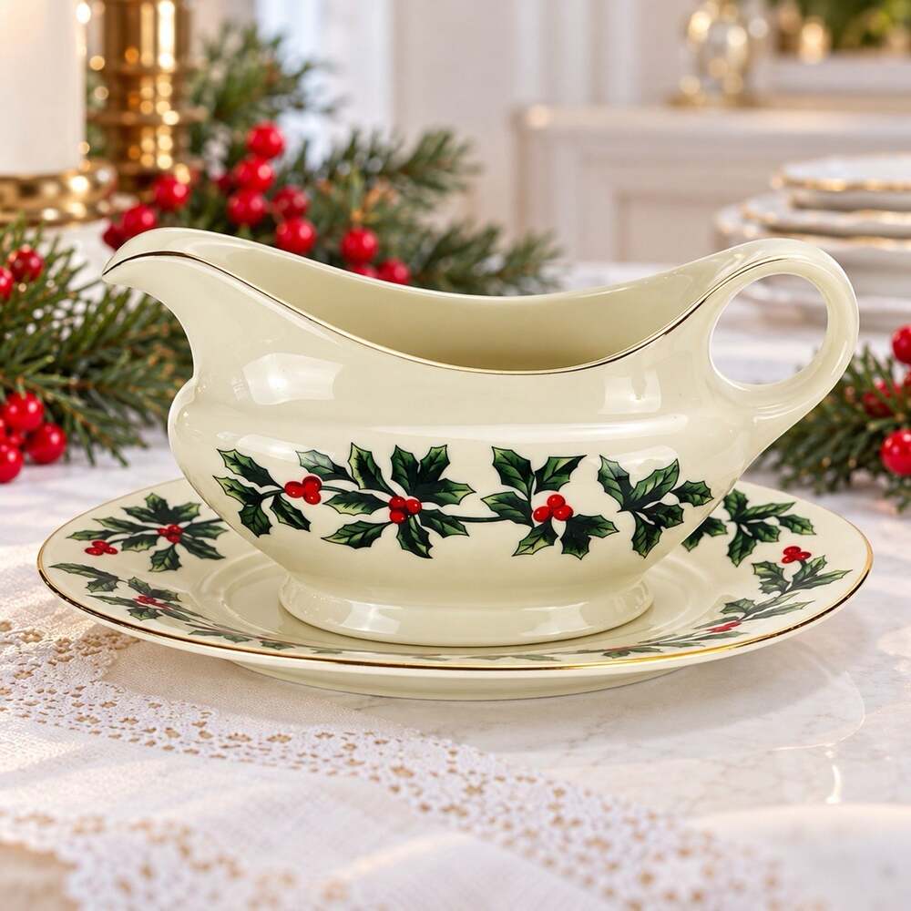 Baum Brothers Holly Collection Gravy Boat & Under Plate w/ Gold Trim